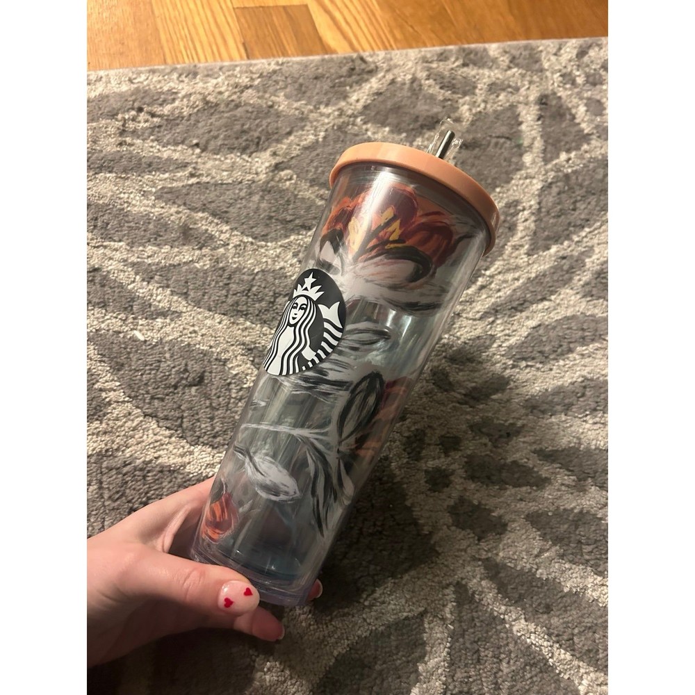 Starbucks 2019 Peony Flower Floral VENTI TUMBLER 24oz Pink Lid with Orange Straw - Picture 3 of 6